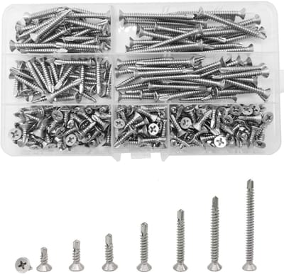 Dailygoods- Zelftappende Schroeven 260 Stuks - Roestvrij Staal - Platte Kop - Assortiment 13/16/19/25/32/38/50 mm - Voor Metaal - Eenvoudig te Installeren