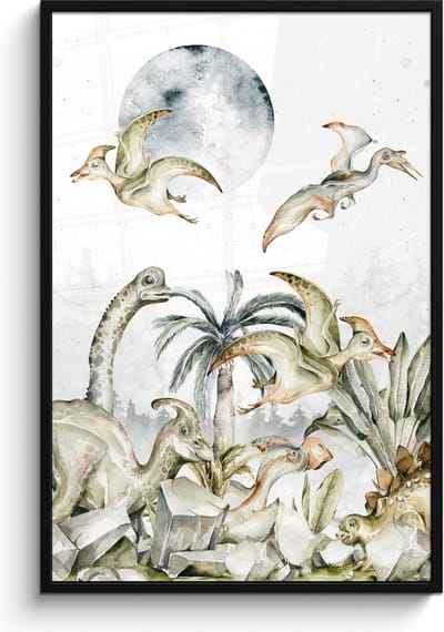 Poster in fotolijst kind - Dinosaurus - Kinderen - Jungle - Groen - Dieren - Natuur - Wanddecoratie jongens - Poster Dinosaurus - 80x120 cm - Schilderij voor kinderen