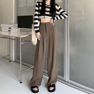 Doorzakkende broek met hoge taille, casual wijde pijpen, pantalon voor dames, veelzijdige broek met rechte buis en vloersleep 2XL bruin