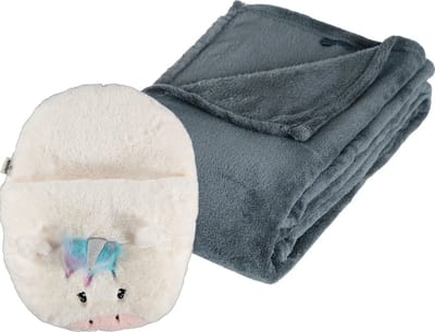 Apollo - Fleece deken blauwgrijs 125 x 150 cm met voetenwarmer slof eenhoorn one size