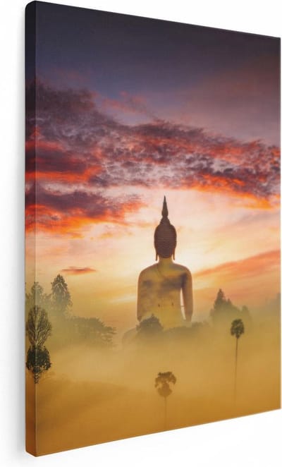 Artaza Canvas Schilderij Boeddha Standbeeld - 30x40 cm - Klein - Wanddecoratie Mist - Muurdecoratie Spiritueel - Kamer Accessoires Woonkamer