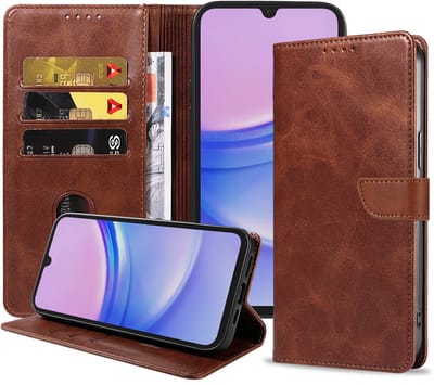 Geschikt voor Samsung Galaxy A15 Telefoonhoesje Kunstleer met Magnetisch lipje en Pasjeshouder Book Case met Klepje - Donkerbruin - Smartphonica geschikt voor Samsung Galaxy A15