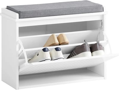 Schoenenbank met Gewatteerde Kussenzitting en Drop Leaf Schoenopslag - 60x26x46cm - Wit