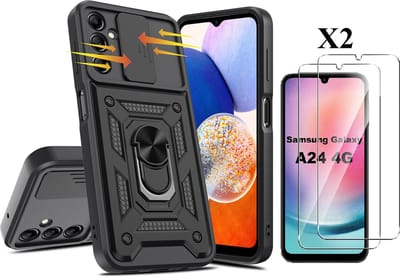 Hoesje Geschikt Voor Samsung Galaxy A24 hoesje Zwart met Ring Houder en camera bescherming - Galaxy A24 Screenprotector - 2 stuks