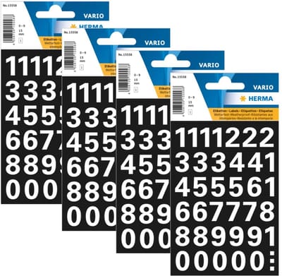 Herma Stickervel nummers - cijfers / getallen - 0 t/m 9 - 4x vellen - wit - 15 mm - watervast