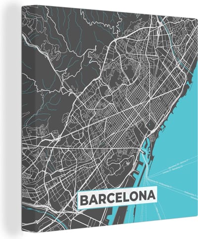 Canvas Schilderij Barcelona - Blauw - Kaart - Plattegrond - Stadskaart - 20x20 cm - Wanddecoratie