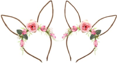 Chaks Verkleed diadeem paashaas/bunny oren - 2x - met bloemen - roze - one size