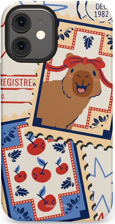 Casetastic hoesje geschikt voor Apple iPhone 12 Mini - Dubbellaagse bescherming - Kerst Capibara Post van de Noordpool - Fashion Case - Lichtgrijs Zand Terracotta