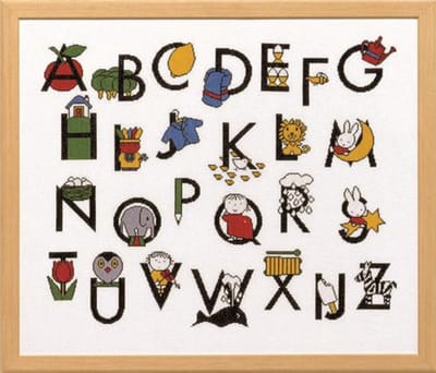 Pako Borduurpakket met telpatroon en code kaart - alfabet Dick Bruna - 219.249 - voorgesorteerd garen - Aida - 62 x 51 cm - DIY kit