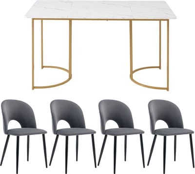Eettafelset - 1 eettafel met 4 stoelen - grijze eetstoelen met rugleuning - verstelbare stoelpoot - wit tafelblad en gouden tafelpoot
