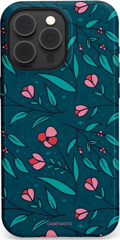 Casetastic hoesje geschikt voor Apple iPhone 15 Pro Max - MagSafe - Dubbellaagse bescherming - Blauwe Groene Bloemenpracht - Fashion Case - Petrol Donkergrijs