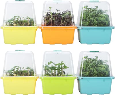 Famanu – Microgreen kweekbakken - kiembak met vochtigheidskoepel - 3 mm grote gaasgaten - BPA-vrij - kiemset voor het kweken van grote zaden - zoals zonnebloem - mungbonen - groene erwt - 6 stuks | Kleurrijk