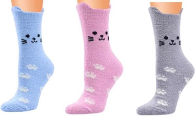 Fluffy Dames Sokken 3 paar - Huissokken - grijs - blauw - roze - leuke print kat - 36 - 40 - cadeau voor haar - giftbox