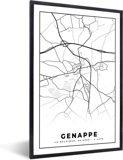 Fotolijst incl. Poster Zwart Wit- Stadskaart – Plattegrond – België – Zwart Wit – Genappe – Kaart - 40x60 cm - Posterlijst
