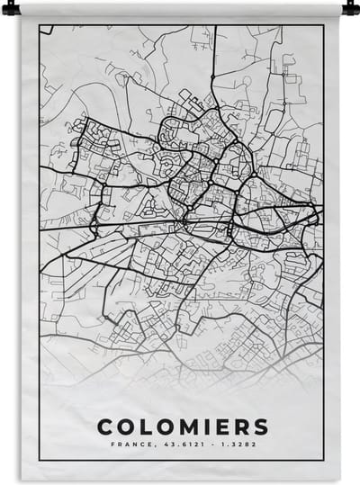 Wandkleed - Wanddoek - Frankrijk - Kaart - Plattegrond - Colomiers - Stadskaart - Zwart wit - 120x180 cm - Wandtapijt