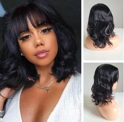 Braziliaanse Remy pruik 14 inch - Bob donkerbruine golf haren met pony - Braziliaanse pruik - real human hair - echt menselijke haren - none lace wig