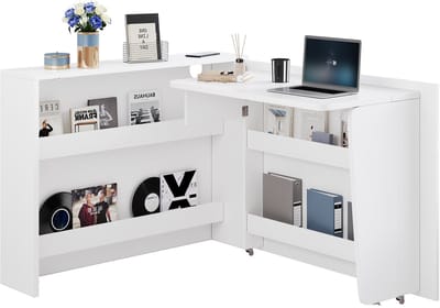 Merax Inklapbaar Bureau en Dressoir – 2-in-1 Kast met Wielen en Draadloos Oplaadfunctie – Wit