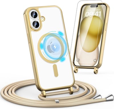 Casemania Hoesje en Glas Geschikt voor Apple iPhone 16 - Goud - Siliconen Back Cover met Koord Geschikt voor Magsafe + Glazen Screenprotector - Telefoonhoesje met Koord - Crossbody Lanyard Cord Case