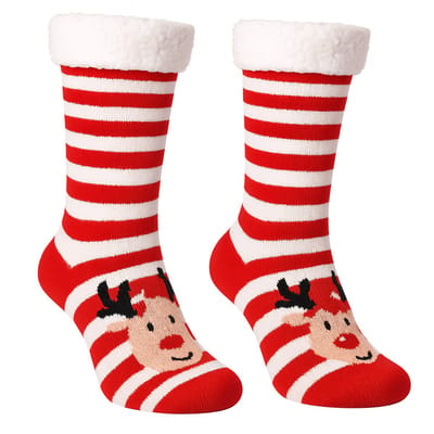 Budino® Huissokken - Verwarmde sokken - Antislip Sokken - Warme Sokken - Dikke Sokken - Anti Slip - Fluffy Sokken - Dames en Heren - Rendier Rood Wit Gestreept Kerst