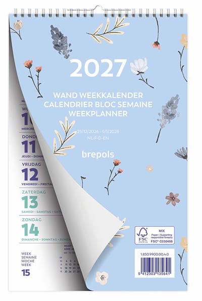 Brepols Wand-week kalender 2027 - FANTASY - Week begint op maandag - 13.5 x 21 cm - Blauw - Bloem