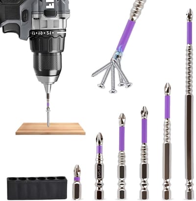 Set van 6 Schroefbits met Hoge Hardheid, Magnetische Bits voor Schroevendraaiers, Geschikt voor Hout en Metaal, Inclusief Bit Houder en Accessoires voor Boormachines van 25-150 mm