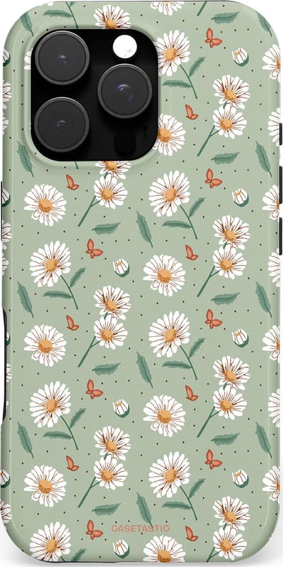 Casetastic hoesje geschikt voor Apple iPhone 16 Pro - MagSafe - Dubbellaagse bescherming - Vleugels en madeliefjes - Fashion Case - Saliegroen Lichtgrijs Wit
