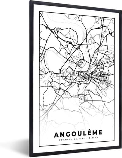 Fotolijst incl. Poster Zwart Wit- Plattegrond – Kaart – Angoulême - Frankrijk – Stadskaart - Zwart wit - 40x60 cm - Posterlijst