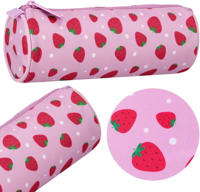 Potloodetui voor roze schoolmeisjes, ROND, kokervorm, etui, in aardbei 22x8x8cm