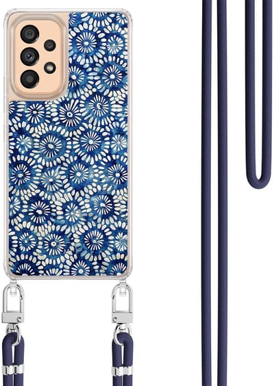 Hoesje met koord geschikt voor Samsung Galaxy A53 - Azure daisies - Inclusief Donkerblauw koord - Crossbody beschermhoes - Transparant, Blauw - Mooie Telefoonhoesjes