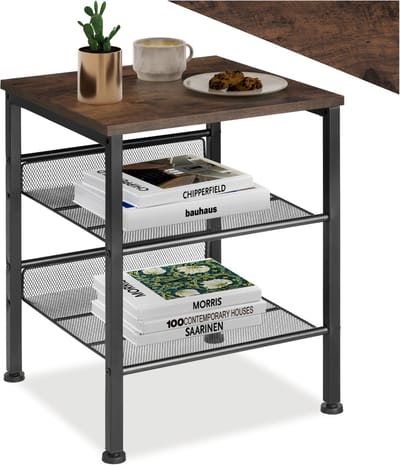 tectake® Bijzettafel met 1 plank en 2 roosterplanken - Nachtkastje in industrieel design - Voor woonkamer, slaapkamer, kantoor, hal - Eenvoudige montage - Zwart metalen frame - Afmeting (LxBxH) 40,5 x 40 x 50,5 cm - Donkerbruin