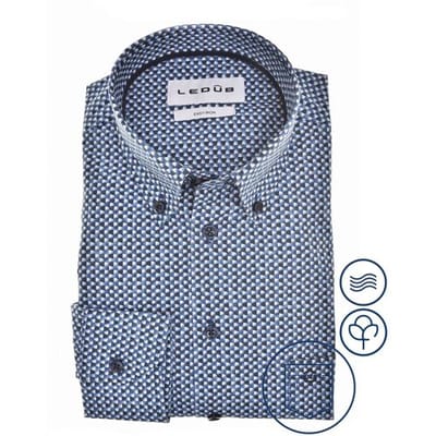 Ledub modern fit overhemd - popeline - middenblauw dessin - Strijkvriendelijk - Boordmaat: 40 (EU maat: M)