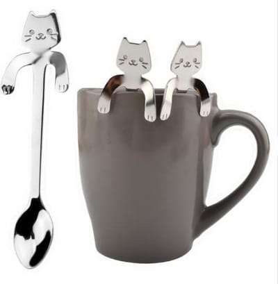 Theelepels Hangende Kat - Set van 4 - Koffielepel - Lepeltjes - Cadeau - RVS - Zilverkleurig 11.5 cm