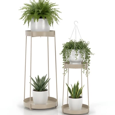 Lomera Plantenstandaard Set - Stijlvolle Taupe Standaards - Plantenhouder - Plantenrek - Planten Standaard - Metaal Constructie - Taupe Kleur - Set Van 2 - Planten Rek
