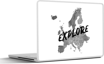 Laptop sticker - 13.3 inch - Europakaart in grijze waterverf met de tekst "Explore" over de landen - zwart wit - 31x22,5cm - Laptopstickers - Laptop skin - Cover