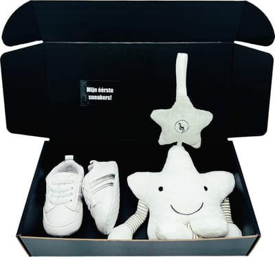 Kraamcadeau sneakerbox met muziekmobiel - diverse kleuren - rechtstreeks versturen ook mogelijk - gender reveal
