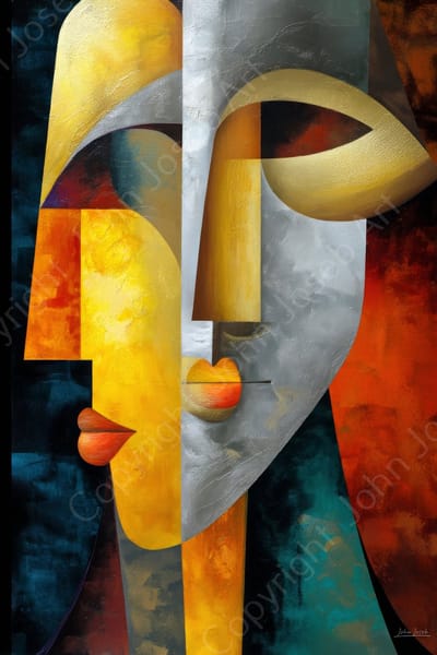 John Joseb Art (Canvas) 60x40 | Gezichten, Picasso stijl, kubisme, kleurrijk, abstract, kunst | mens, man, vrouw, goud, grijs, blauw, bruin, dier, modern | Foto-Schilderij canvas print (wanddecoratie)