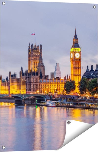 Gards Tuinposter London Big Ben en Westminster Brug - 60x80 cm - Tuindoek - Tuindecoratie - Wanddecoratie buiten - Tuinschilderij