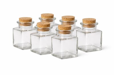 Set van 6 Vierkante Glazen Flesjes 80 ml – Ø 4,5 x 9 cm – Met Kurken Dop – Herbruikbaar – Voor Kruiden, Olie, DIY Cadeaus, Feestbedankjes & Decoratie – Stevig Glas – Transparant