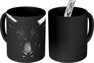 Magische Mok - Foto op Warmte Mokken - Koffiemok - Dieren - Stier - Zwart - Wit - Portret - Magic Mok - Beker - 350 ML - Theemok