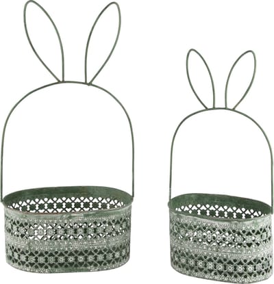 Dekoratief | Set 2 bakjes m/bunnyoren, groen, metaal, 19x13x9cm | A240763