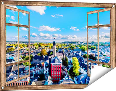 Gards Tuinposter Doorkijk Maastricht Stad met Huizen - 90x60 cm - Tuindoek - Tuindecoratie - Wanddecoratie buiten - Tuinschilderij