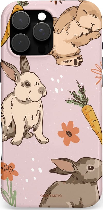 Casetastic hoesje geschikt voor Apple iPhone 16 Pro Max - MagSafe - Dubbellaagse bescherming - Hop hop knuffels - Fashion Case - Lichtroze Lichtgrijs Taupe Perzik