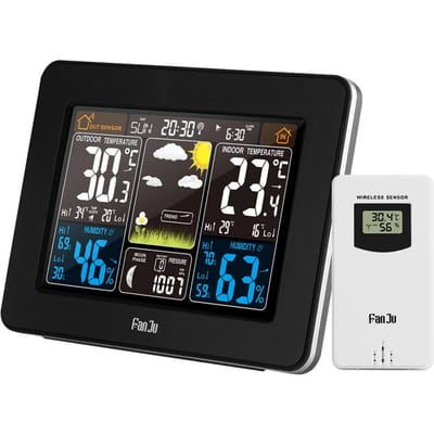 FanJu FJ3365 Kleurenweerstation Binnen/Buiten Draadloos Temperatuur Vochtigheid Barometer USB US Plug zwart