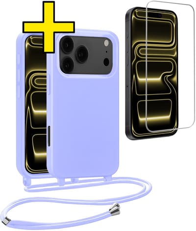 Hoesje Geschikt voor iPhone 17 Pro Hoesje Met Koord Met Screenprotector Siliconen Case - Hoes Geschikt voor iPhone 17 Pro Backcover Met Afneembaar Koord - Lila