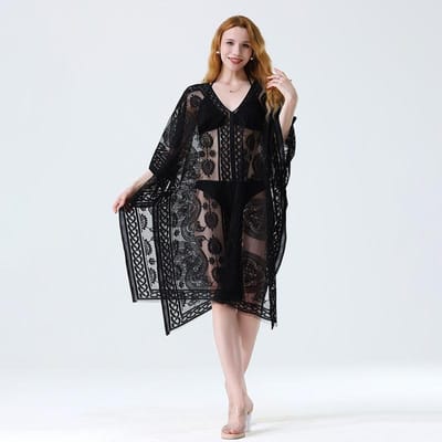 Zwemkleding Cover-up Kant Wit Strandjurk Sexy Lange Cover-up Vrouw Zwemkleding Bikini Tuniek Lange Pareo's Badjas Strandkleding Outfit 100x90cm black