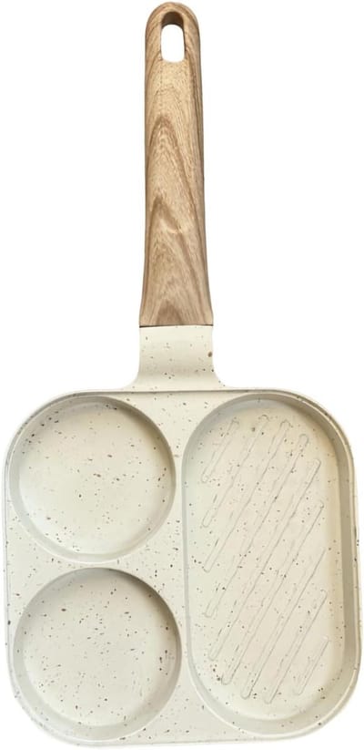 Ontbijtpan 3 vakken - Pannenkoekenpan Omeletpan - Gelijk Koken - Antiaanbak Keramiek - 36.5 x 18.5 cm - Crèmekleurig