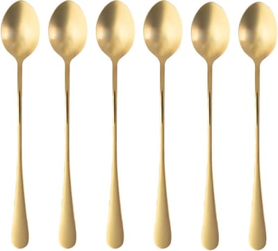*** Luxe Goudkleurige Latte Macchiato lepels - duurzame RVS lepeltjes voor yoghurt Longdrink , dessert of koffie - 6-delige set in stijlvol goud kleurig ***