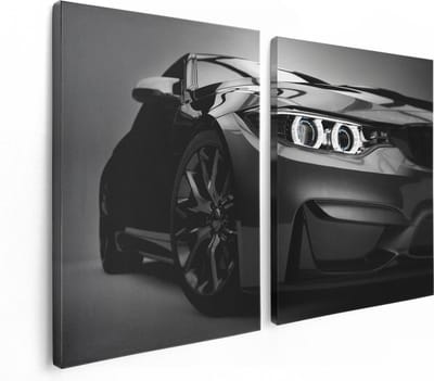Artaza Canvas Schilderij Tweeluik Grijze Sportwagen Auto - Zwart Wit - 120x80 - Foto Op Canvas - Canvas Print
