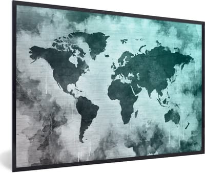 Poster in lijst - Fotolijst 90x60 cm - Posters - Wereldkaart - Grijs - Blauw - Posterlijst zwart - Decoratie - Wanddecoratie woonkamer - Muurdecoratie slaapkamer