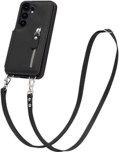 CaseMania Backcase hoesje geschikt voor Samsung Galaxy S25+ - Effen Zwart - Kunstleer - met Crossbody Koord, Pashouder & Ritsvakje